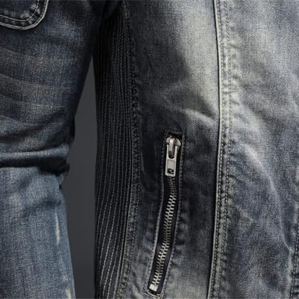 Men's blue-grey washed denim jacket with stand collar, long sleeves and zipped pockets