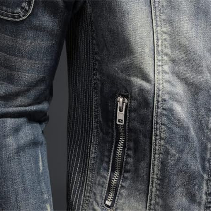 Men's blue-grey washed denim jacket with stand collar, long sleeves and zipped pockets