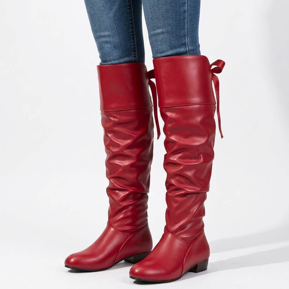 Women's slouchy knee-high boots with round toes and low block heels