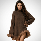 Women's brown turtleneck mini dress with lace ruffle trim