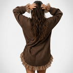 Women's brown turtleneck mini dress with lace ruffle trim