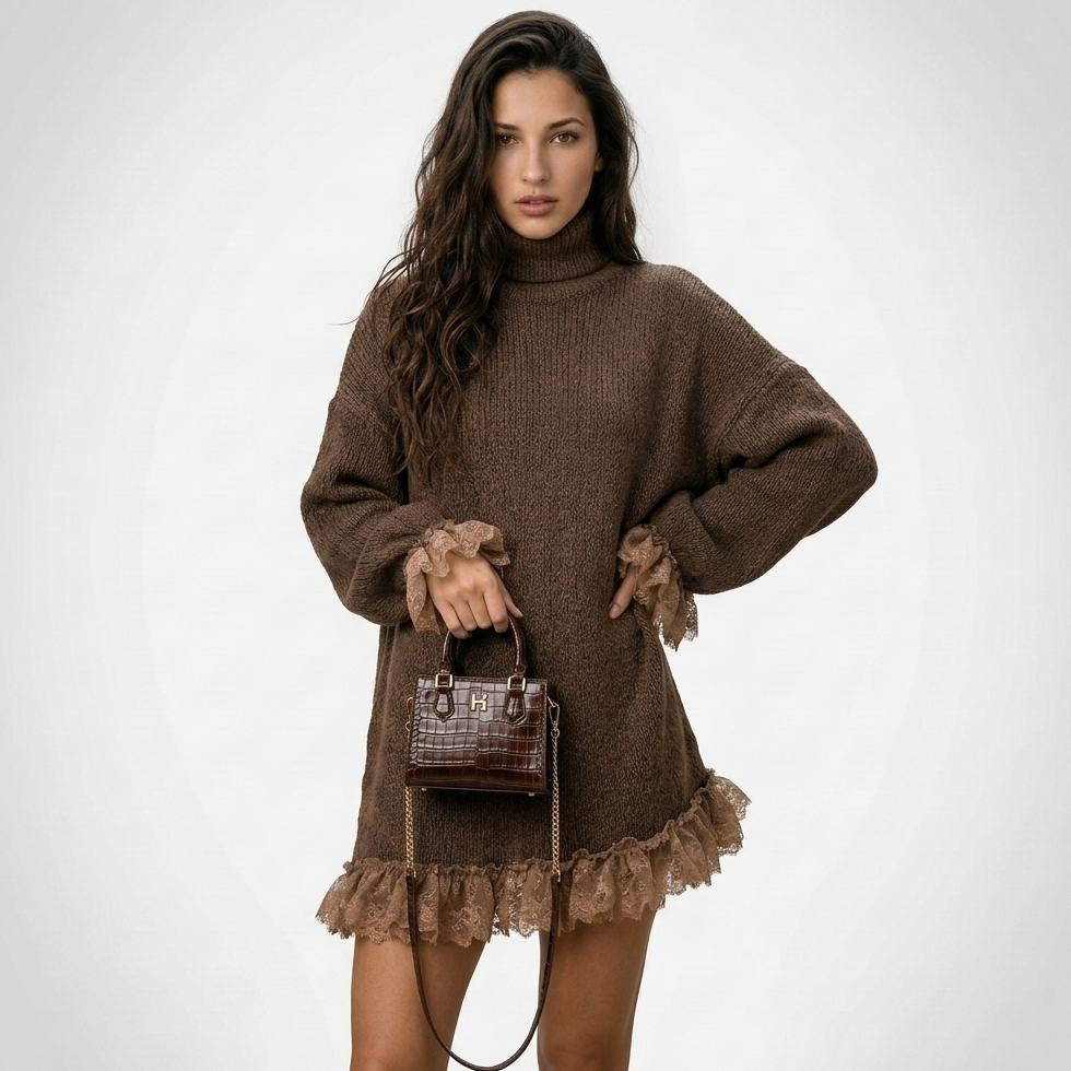 Women's brown turtleneck mini dress with lace ruffle trim
