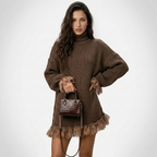 Women's brown turtleneck mini dress with lace ruffle trim