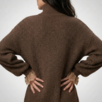 Women's brown turtleneck mini dress with lace ruffle trim