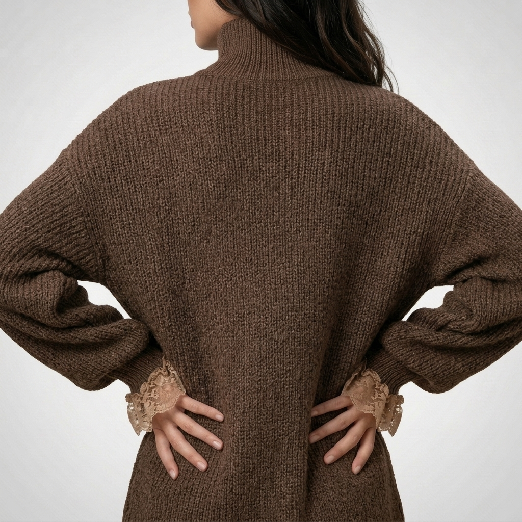 Women's brown turtleneck mini dress with lace ruffle trim