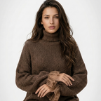 Women's brown turtleneck mini dress with lace ruffle trim