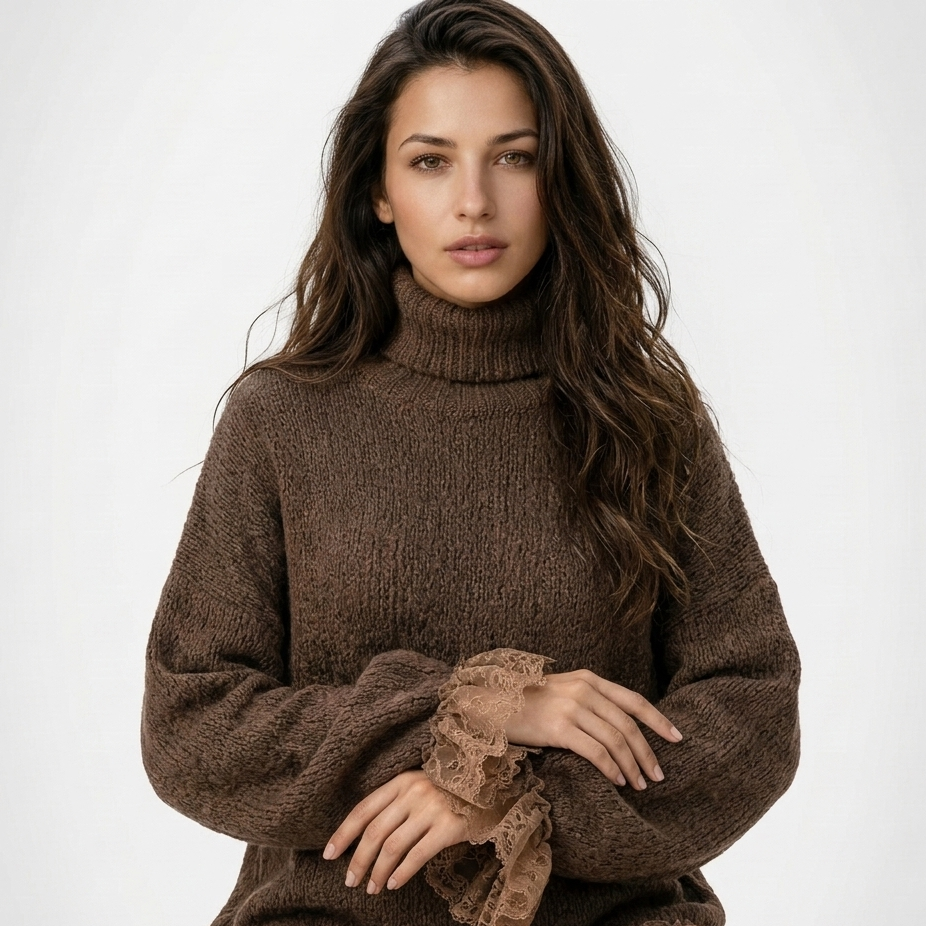 Women's brown turtleneck mini dress with lace ruffle trim