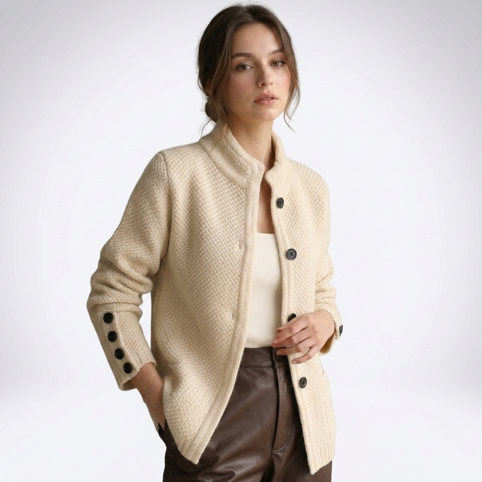 Women's textured cardigan with mock neck, button front, cuff buttons and side pockets