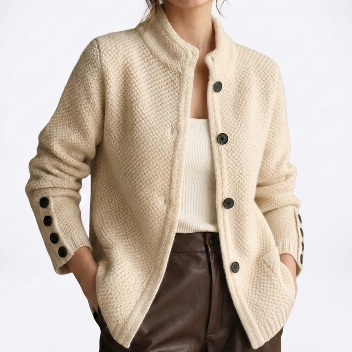 Women's textured cardigan with mock neck, button front, cuff buttons and side pockets