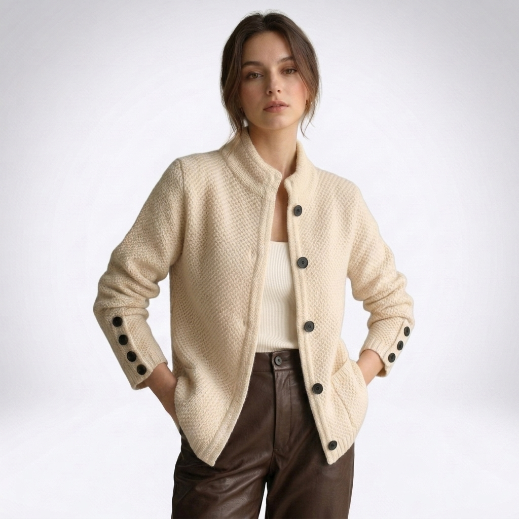Women's textured cardigan with mock neck, button front, cuff buttons and side pockets