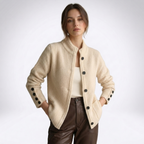 Women's textured cardigan with mock neck, button front, cuff buttons and side pockets