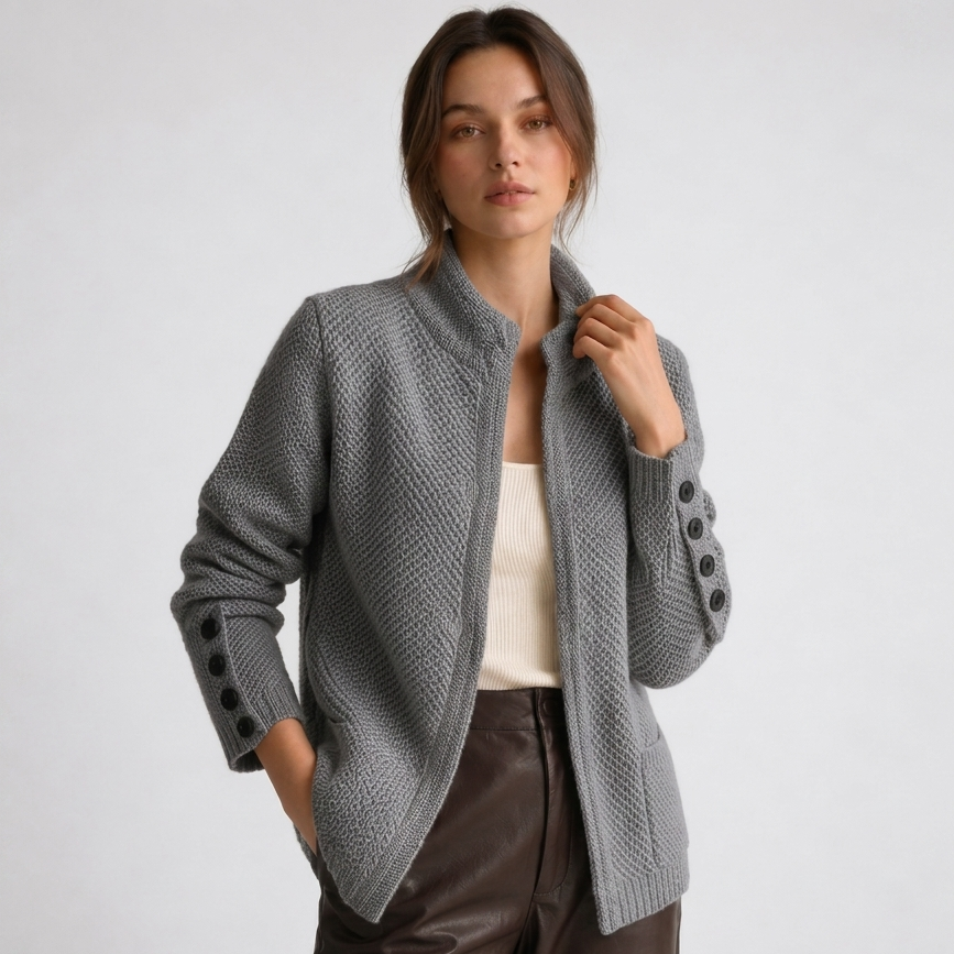 Women's textured cardigan with mock neck, button front, cuff buttons and side pockets