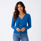 Women's long-sleeve V-neck button-front cardigan with ribbed trims