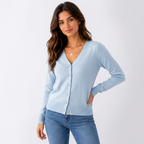 Women's long-sleeve V-neck button-front cardigan with ribbed trims