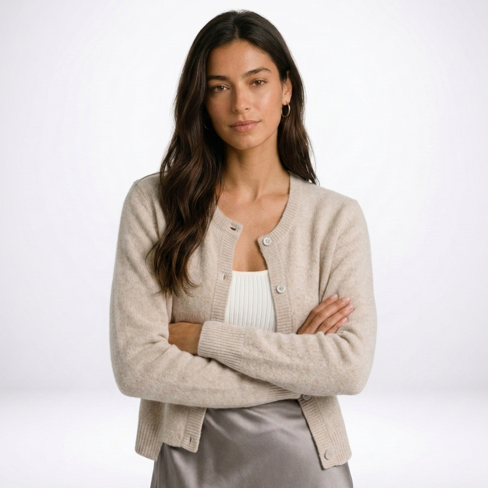 Women's button-front cardigan with round neckline and long sleeves