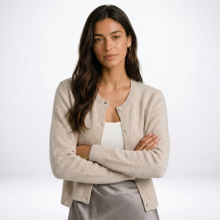 Women's button-front cardigan with round neckline and long sleeves