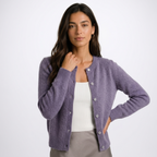 Women's button-front cardigan with round neckline and long sleeves