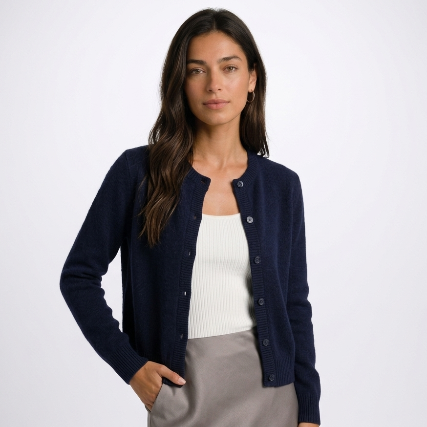 Women's button-front cardigan with round neckline and long sleeves