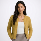 Women's button-front cardigan with round neckline and long sleeves