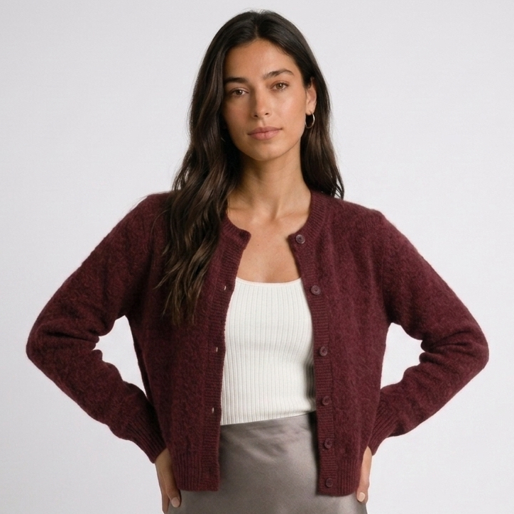 Women's button-front cardigan with round neckline and long sleeves