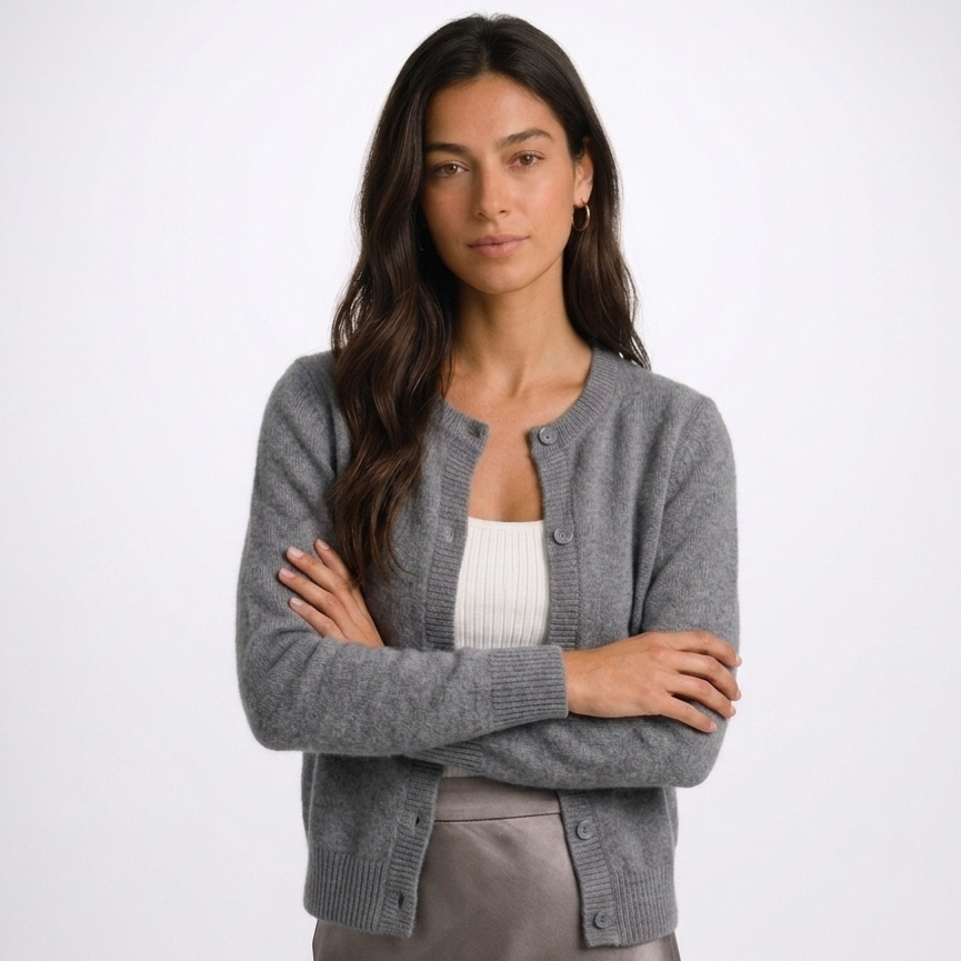 Women's button-front cardigan with round neckline and long sleeves