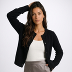 Women's button-front cardigan with round neckline and long sleeves
