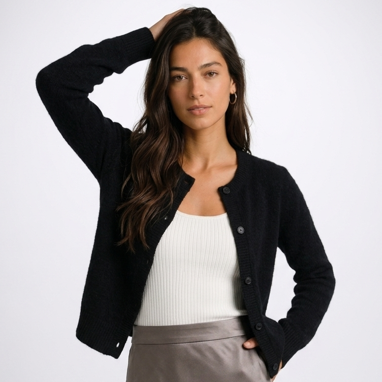 Women's button-front cardigan with round neckline and long sleeves