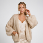 Women's beige open front cardigan with oversized balloon sleeves