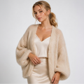 Women's beige open front cardigan with oversized balloon sleeves