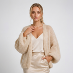 Women's beige open front cardigan with oversized balloon sleeves