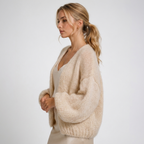 Women's beige open front cardigan with oversized balloon sleeves