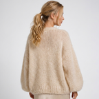 Women's beige open front cardigan with oversized balloon sleeves