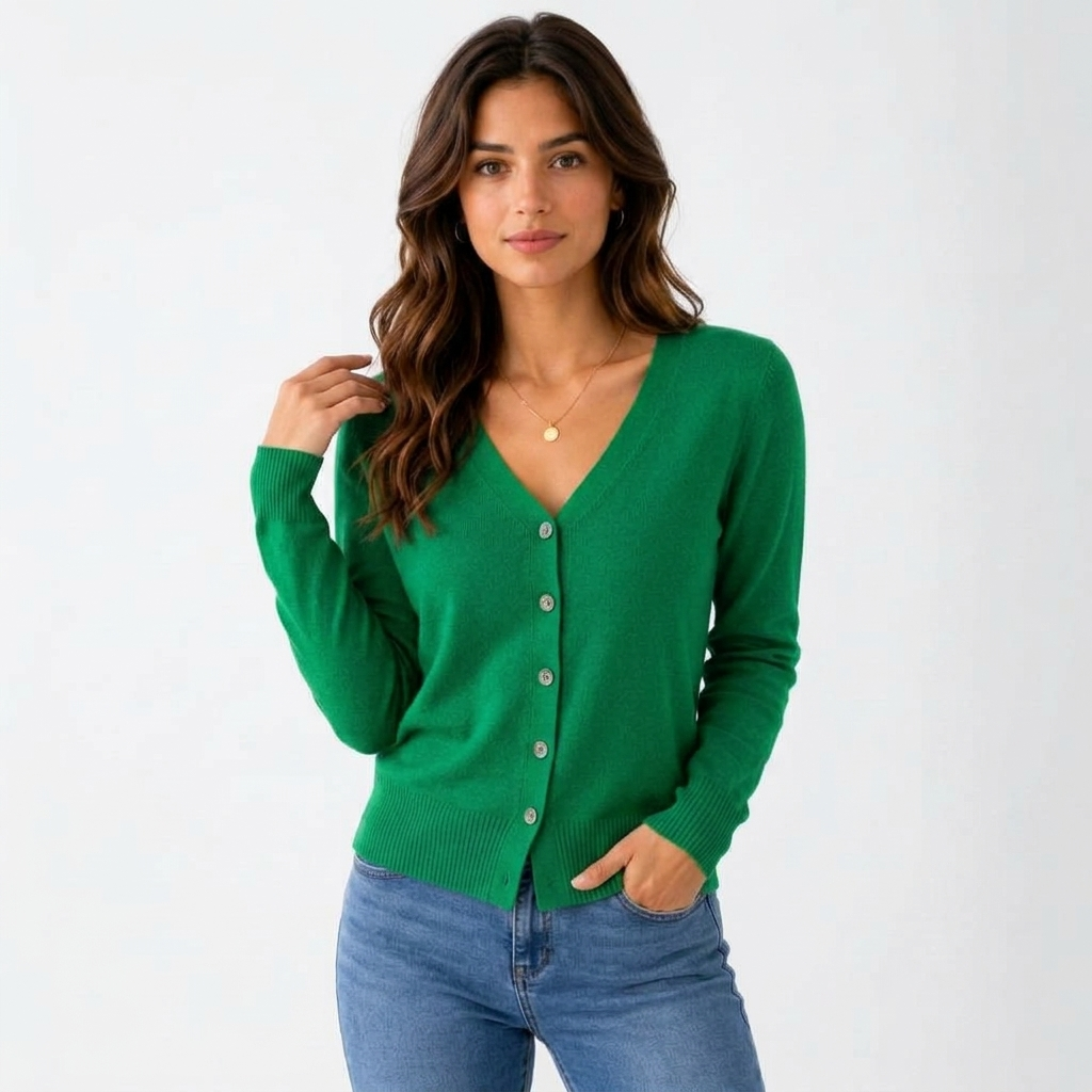 Women's long-sleeve V-neck button-front cardigan with ribbed trims
