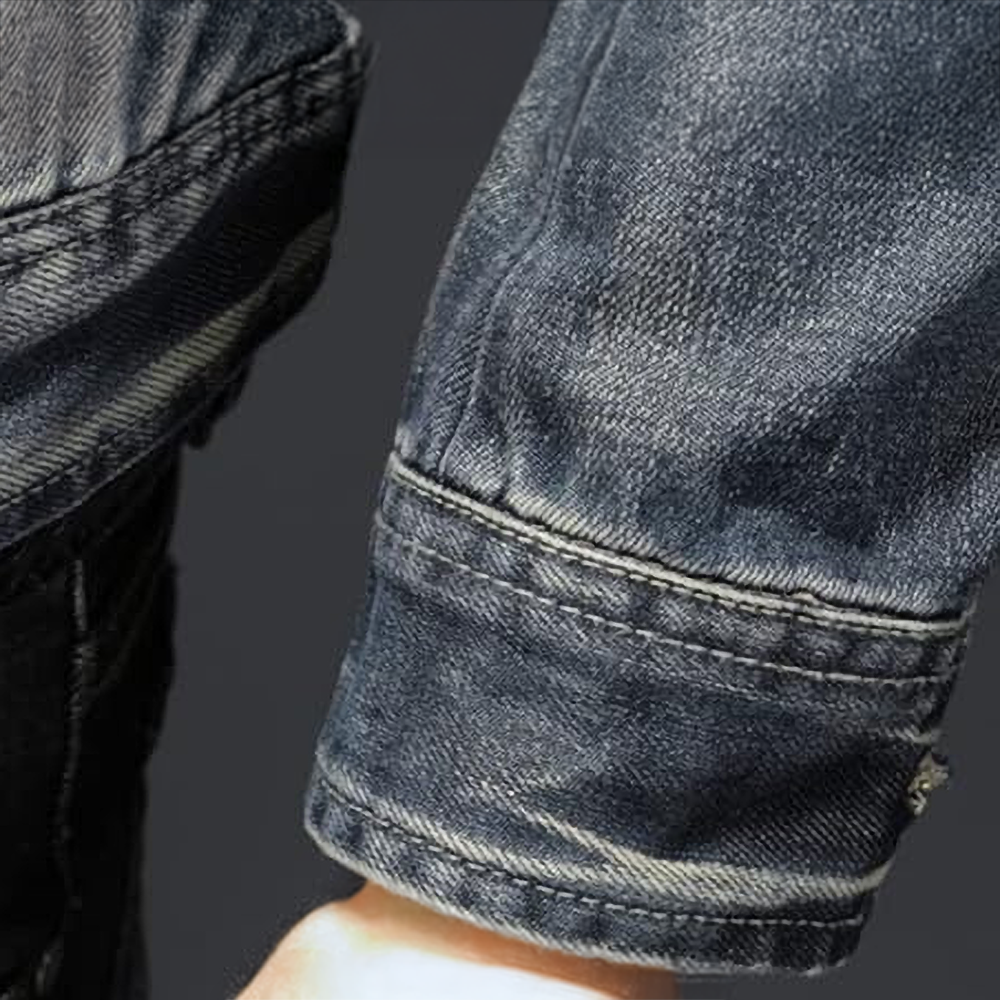 Men's blue-grey washed denim jacket with stand collar, long sleeves and zipped pockets