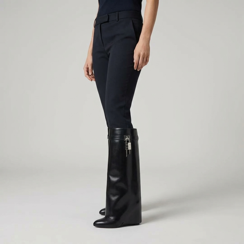 Women's knee-high platform boots with decorative buckle detail