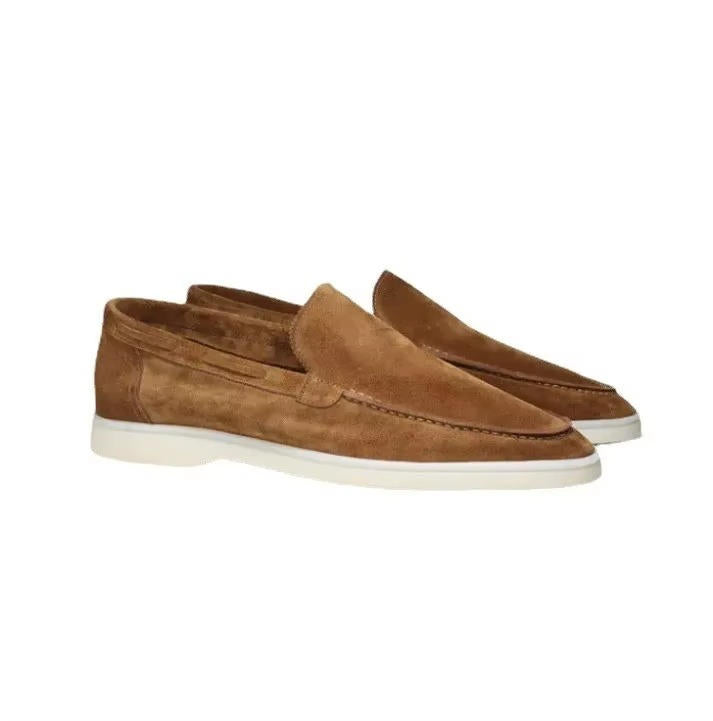 Men's suede yacht loafers with moc toe stitching and flat soles