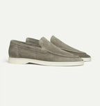 Men's suede yacht loafers with moc toe stitching and flat soles