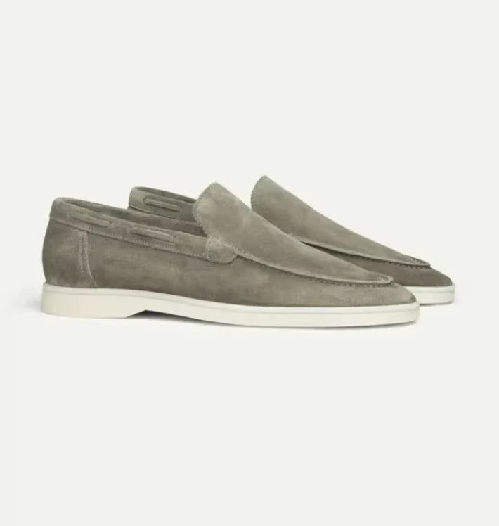 Men's suede yacht loafers with moc toe stitching and flat soles