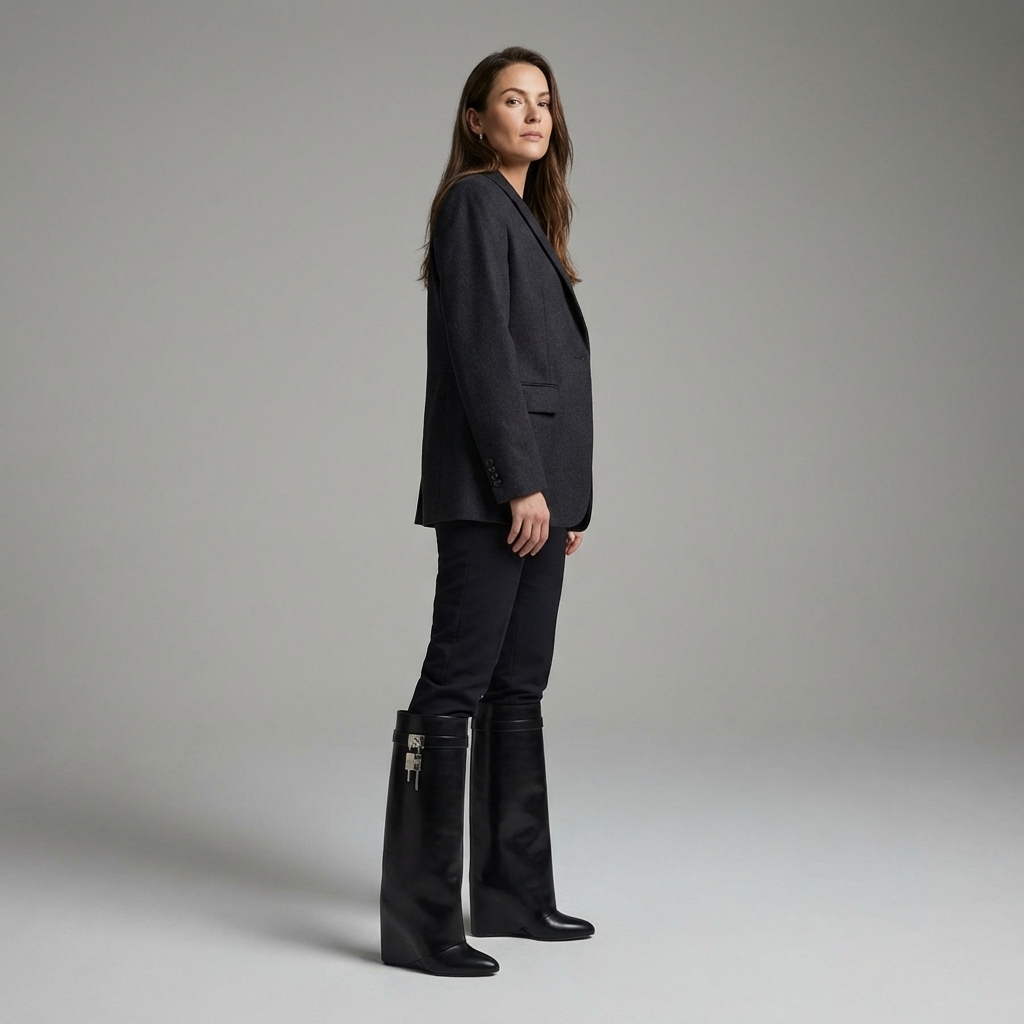 Women's knee-high platform boots with decorative buckle detail