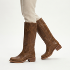 Women's mid-calf pull-on boots with rounded toes and low block heels