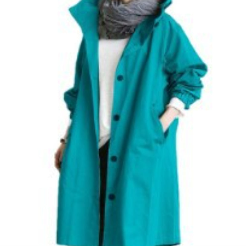 Women's hooded button-front trench coat with long sleeves and side pockets