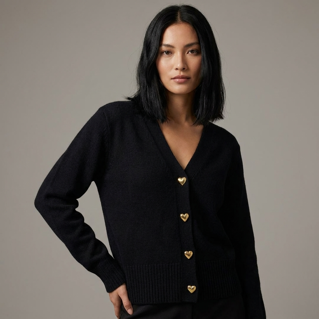 Women's V-neck cardigan with gold heart buttons and long sleeves