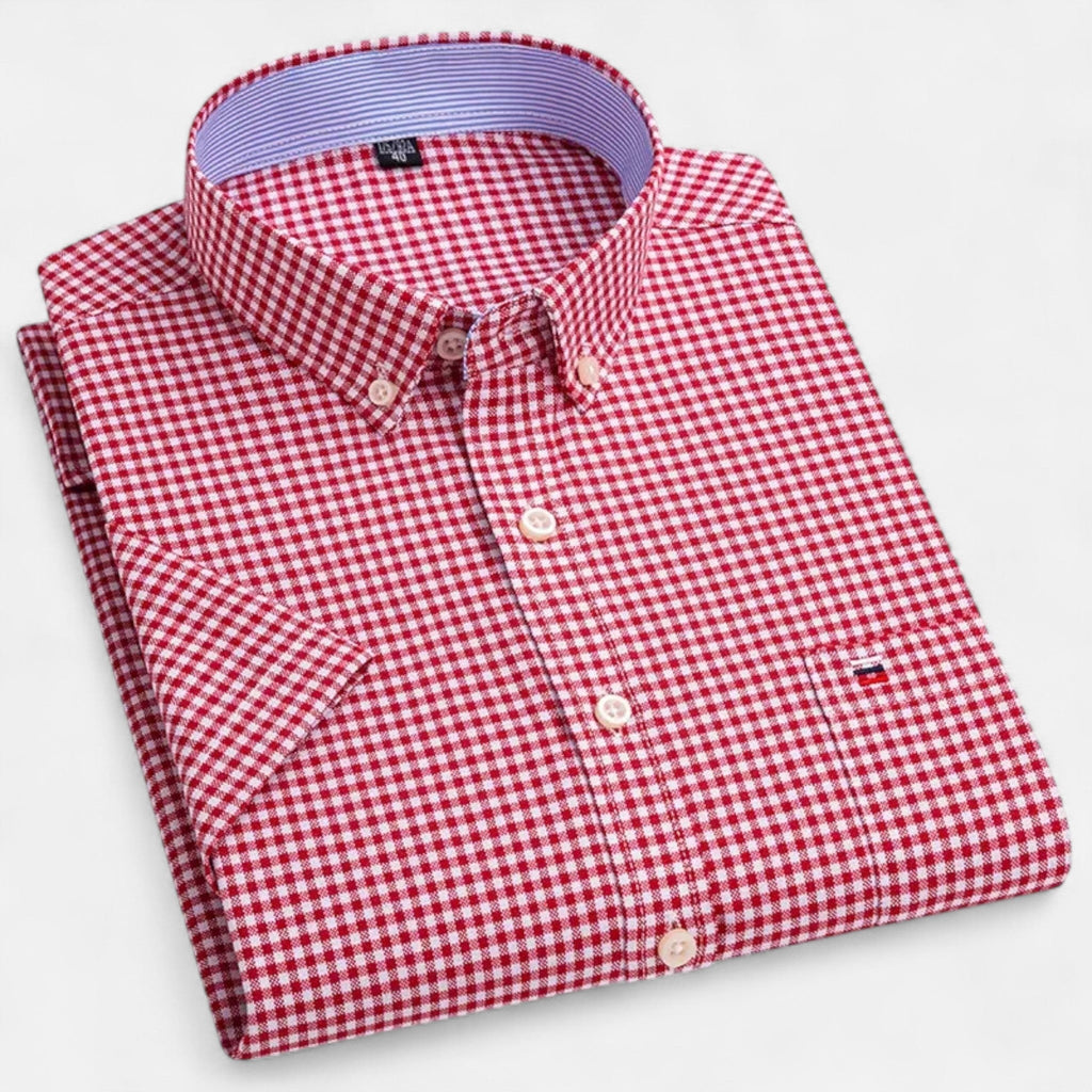 Men's short sleeve gingham shirt with button-down collar