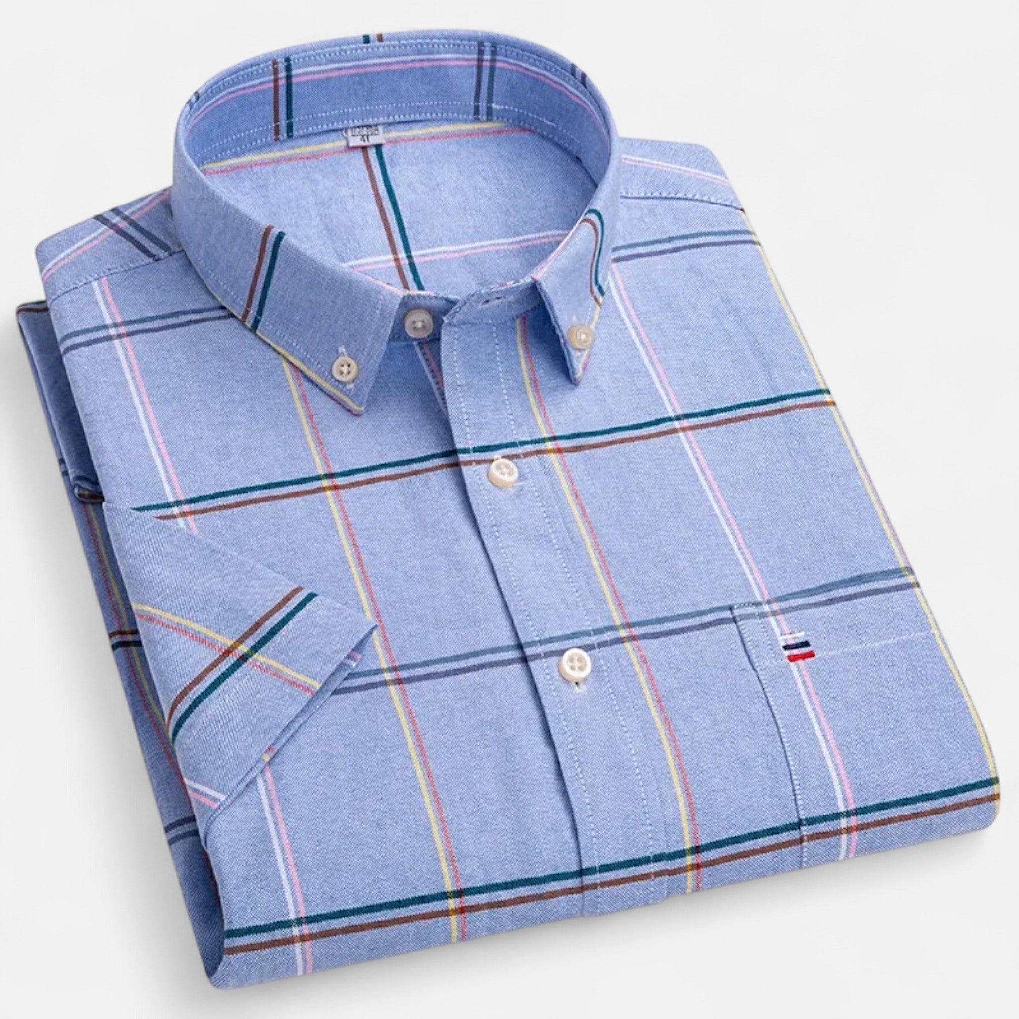 Men's short sleeve gingham shirt with button-down collar