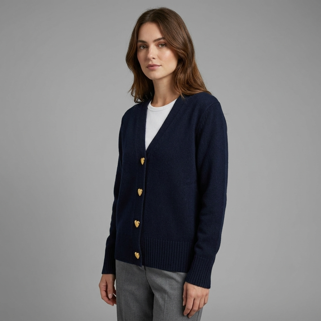 Women's V-neck cardigan with gold heart buttons and long sleeves