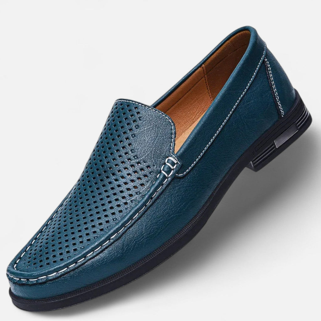 Men's perforated brown moc toe slip-on loafer with low heel