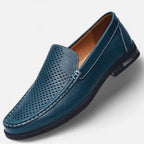 Men's perforated brown moc toe slip-on loafer with low heel