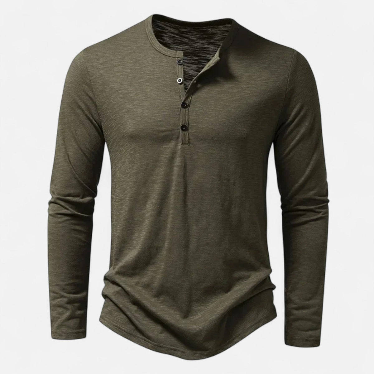 Men's long sleeve Henley shirt with split neckline, button placket and curved hem