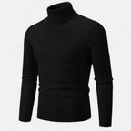 Men's cable knit turtleneck sweater with long sleeves and ribbed trims