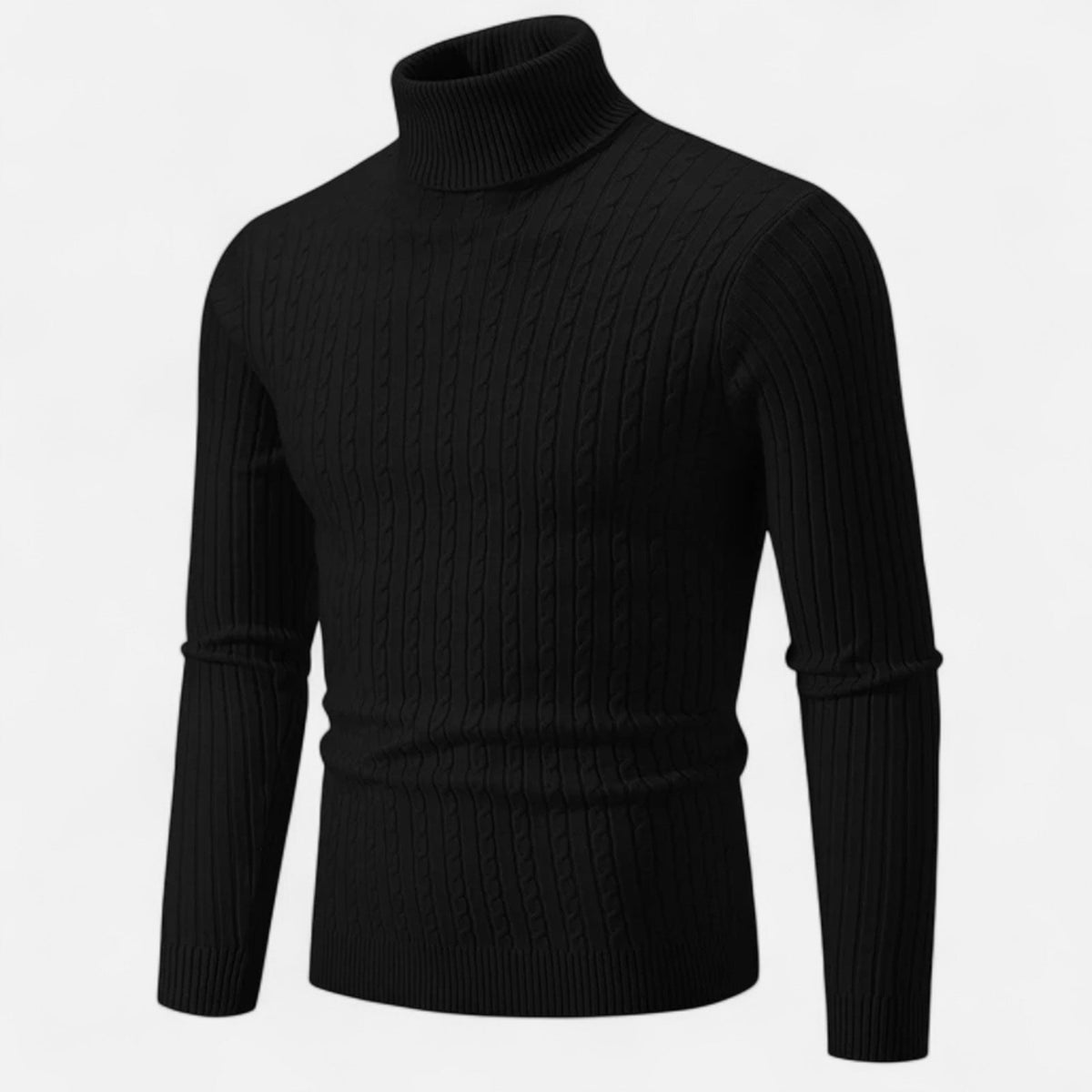 Men's cable knit turtleneck sweater with long sleeves and ribbed trims